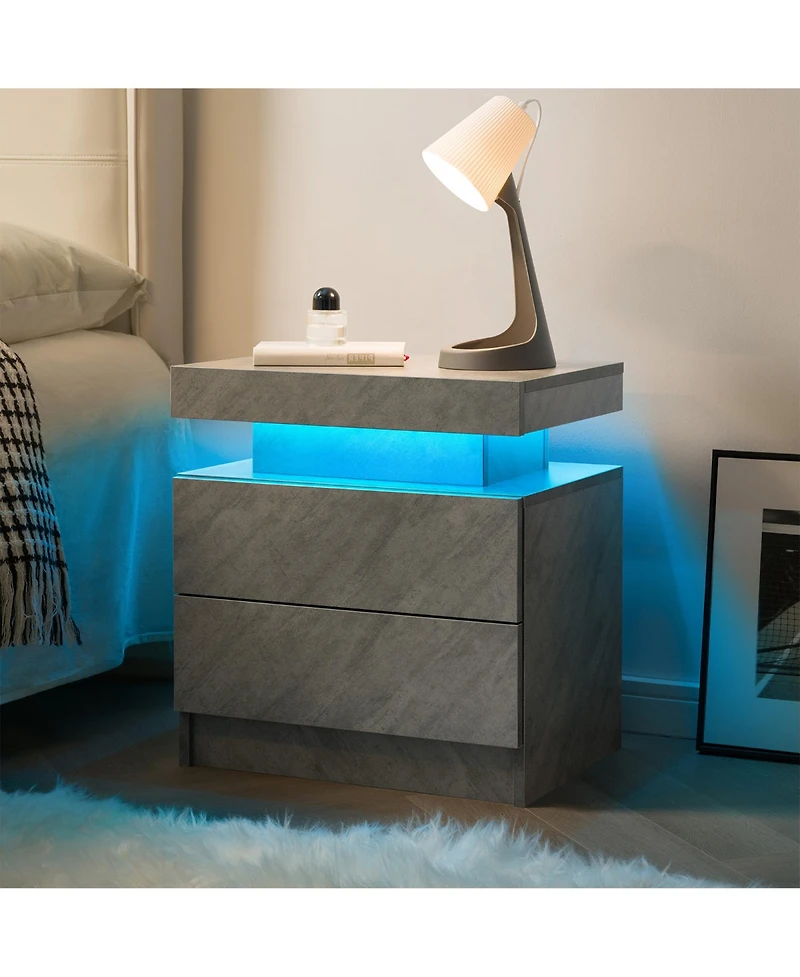 Rainsken Led Nightstand with 2 Drawers, Bedside Table Cabinet with Adjustable Color Lighting, Modern End Side Table for Bedroom, Living Room, Gray