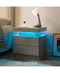 Rainsken Led Nightstand with 2 Drawers, Bedside Table Cabinet with Adjustable Color Lighting, Modern End Side Table for Bedroom, Living Room, Gray
