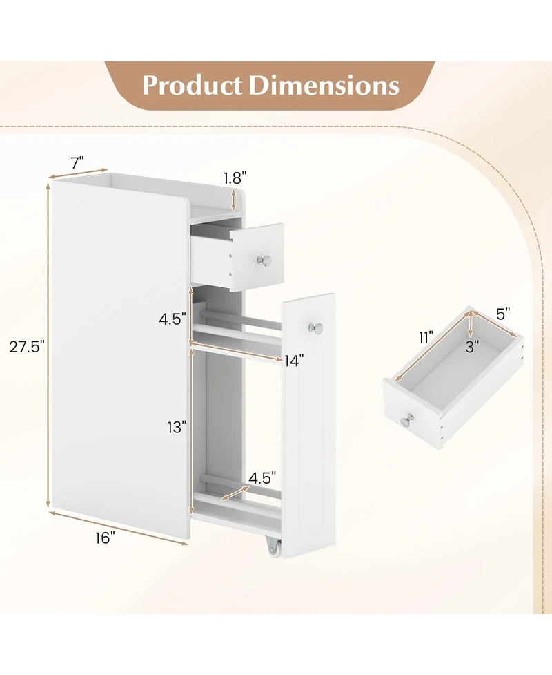 Volenca Small 4-Tier Bathroom Storage Cabinet with Slide-Out Drawers, Casters for Easy Move