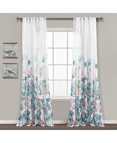 Lush Decor Zuri Flora Sheer Window Curtain Panels Pair 38"W x 84"L Blue & Coral - Sheer Curtains for Living Room