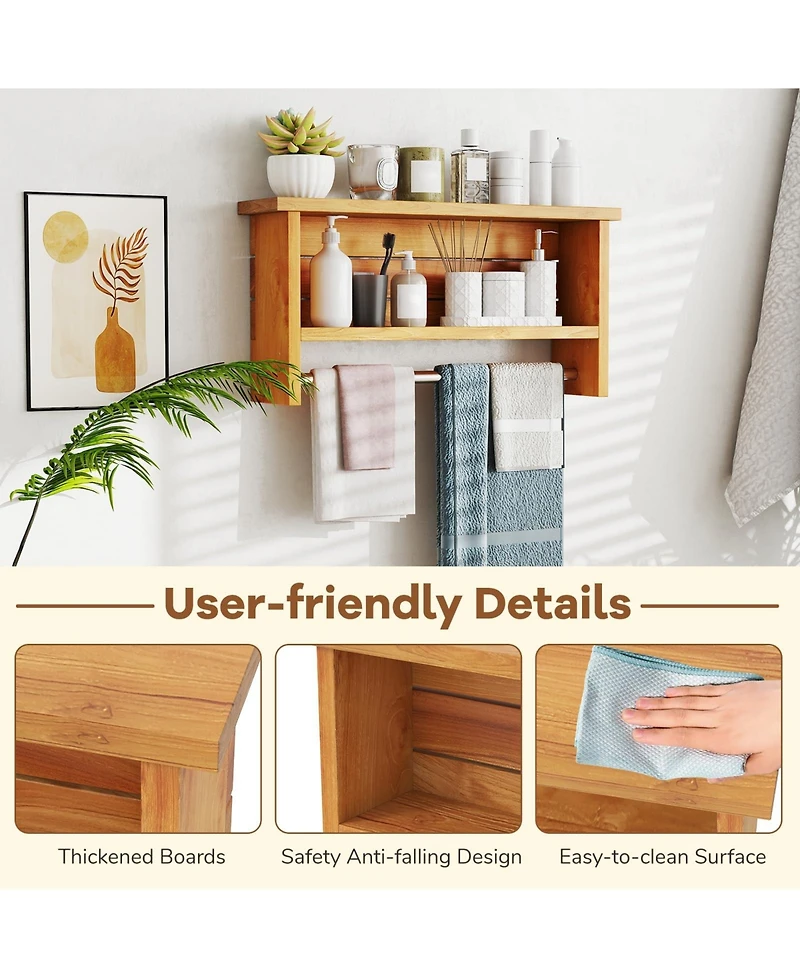 Volenca Wall-Mount 2-Tier Solid Teak Wood Bathroom Shelf with Towel Bar