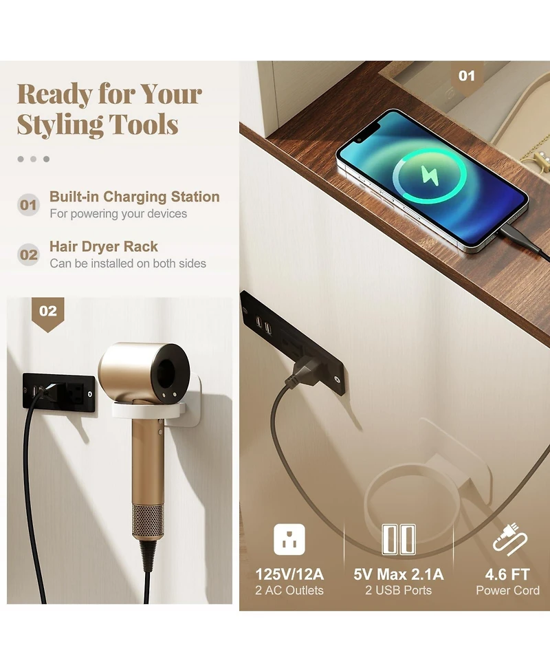 Volenca Farmhouse Vanity Desk with Lighted Mirror, Makeup Dressing Table