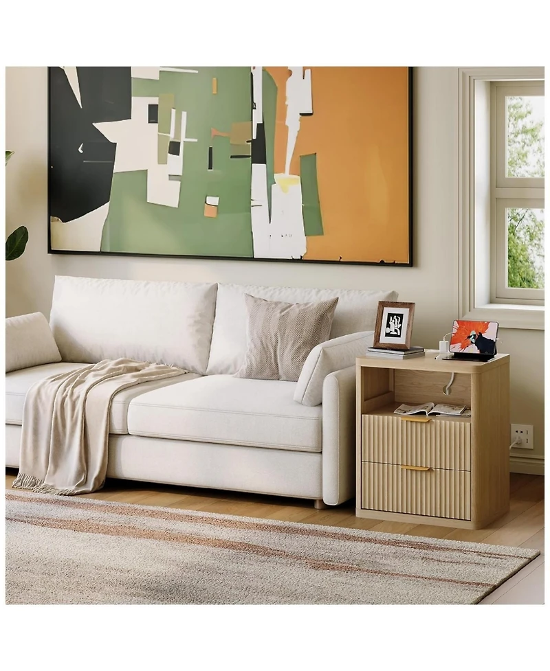 gaomon Set of 2 Natural Fluted Nightstands, 2-Drawer Bedside Table with Built-in Charging Station & Open Storage