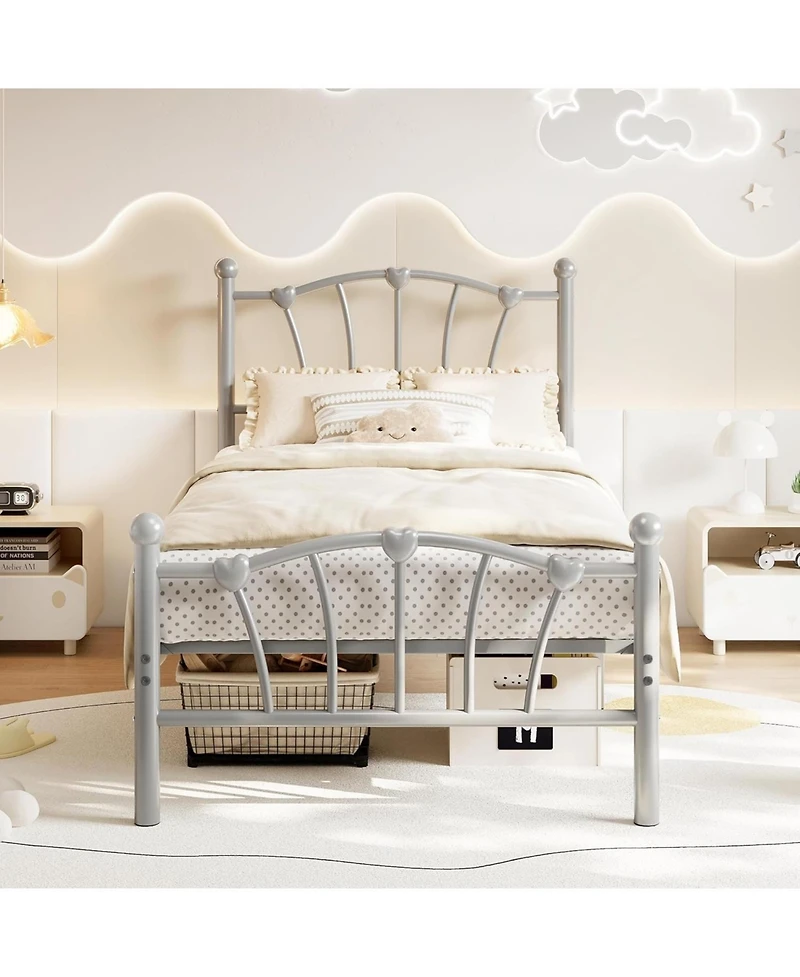 gaomon Twin Metal Bed Frame, Platform Bed with Heart-Shaped Headboard & Footboard, Heavy-Duty for Girls, Grey