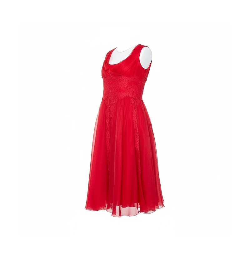 Pre-Owned Dolce & Gabbana Women's Red Silk Organza Lace Trim Flared Dress