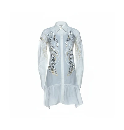 Pre-Owned Roberto Cavalli Women's White Brasso Feather Print Cotton Shirt Dress