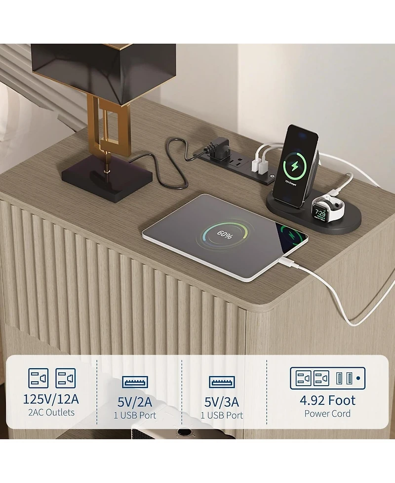 Gaomon Set of 2 Grey Oak Fluted Nightstands with Led & Charging