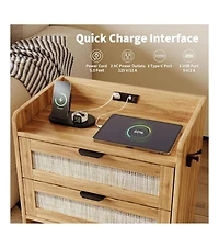 gaomon 1PC Walnut Brown Rattan Nightstand, 2-Drawer Bedside Table with Type-c Charging Station