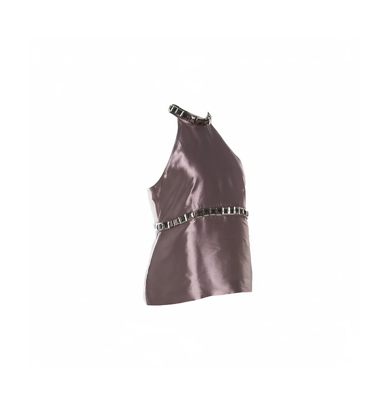 Pre-Owned Burberry Women's Metallic Purple Silk Blend Stud Embellished Halter Neck Top