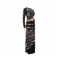 Pre-Owned Roberto Cavalli Women's Multicolor Stretch Jersey Draped V Neck Maxi Dress