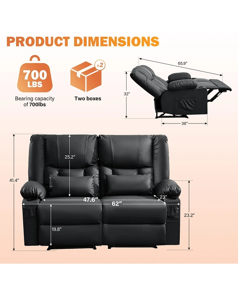 Clihome Recliner Loveseat with Massage and Heating for Living Room, Love Seat Manual Oversized Recliner with Cup Holders