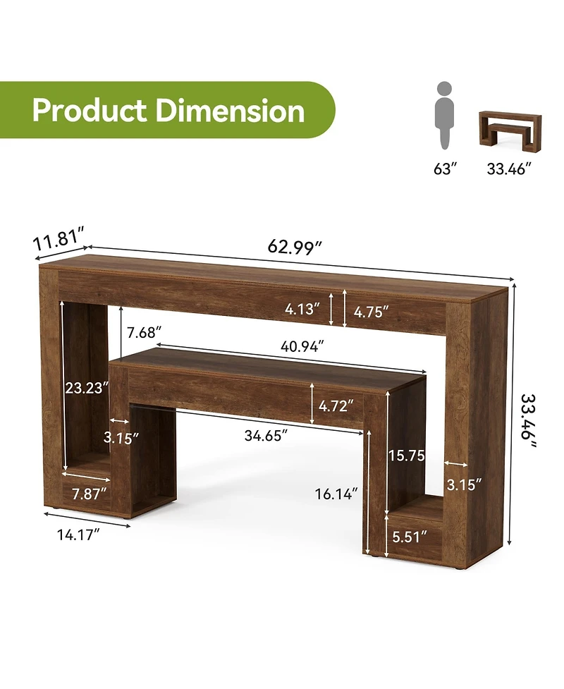 Tribesigns 63-Inch Long Console Table with 2-Tier Shelf,Wood Farmhouse Sofa Table Behind The Couch,Narrow Sofa Table, Rustic Brown