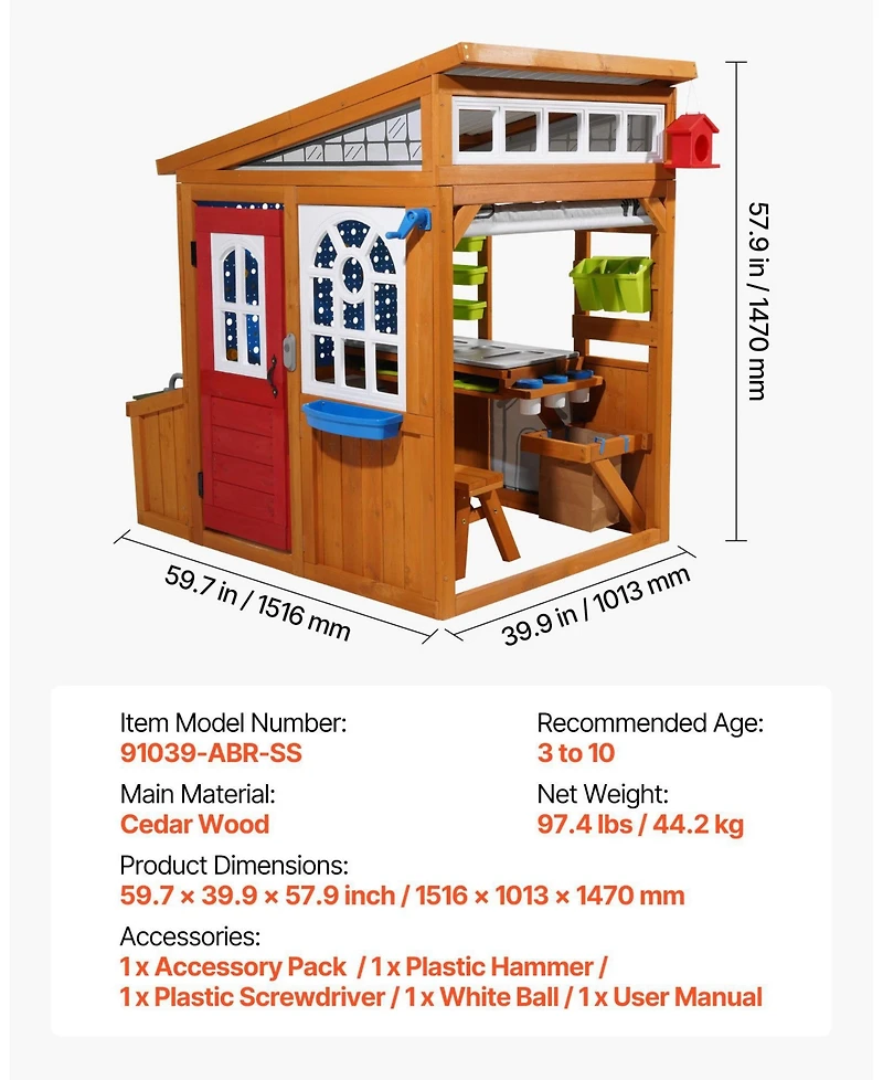 Sugift Cedar Wood Playhouse with Functional Doorbell, Windows & Storage Pockets