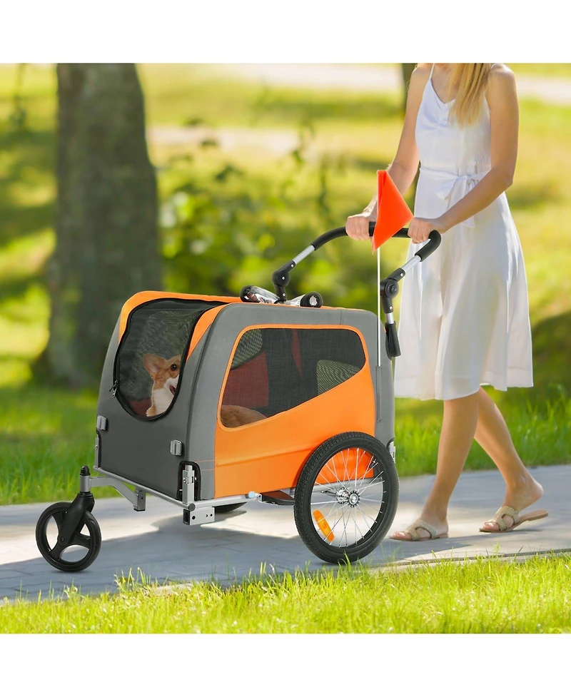Dog Bike Trailer 2-in-1 Pet Stroller Carrier 66 Lb Capacity Orange Gray