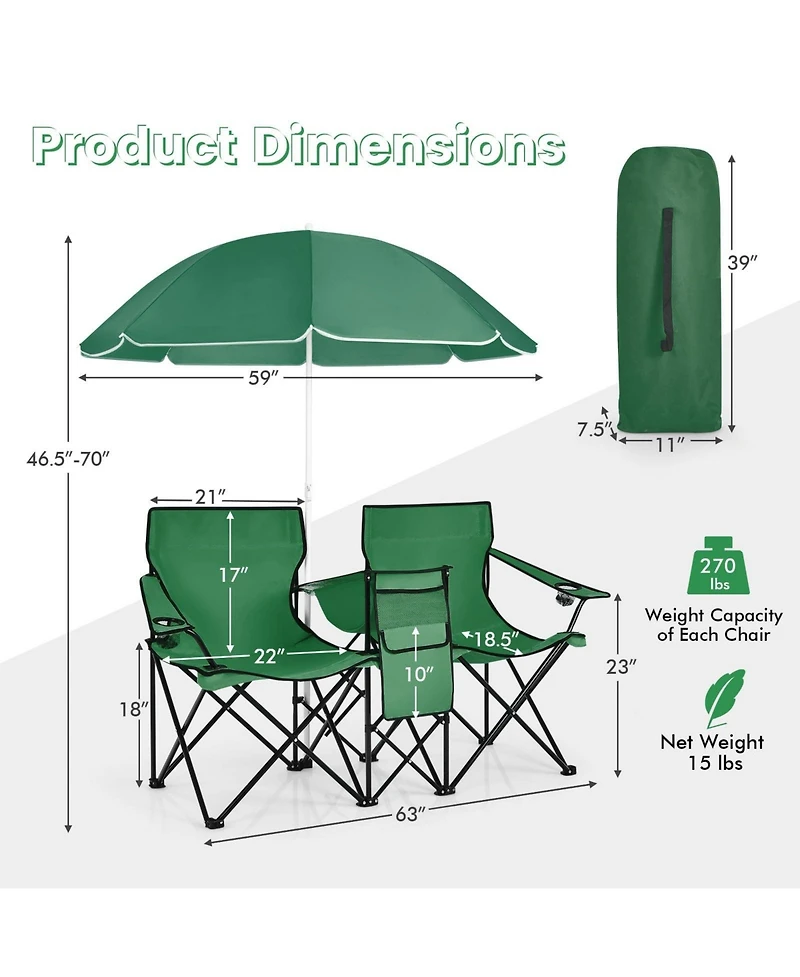 Mecale Portable Folding Double Picnic Chair with Umbrella, Outdoor Seating