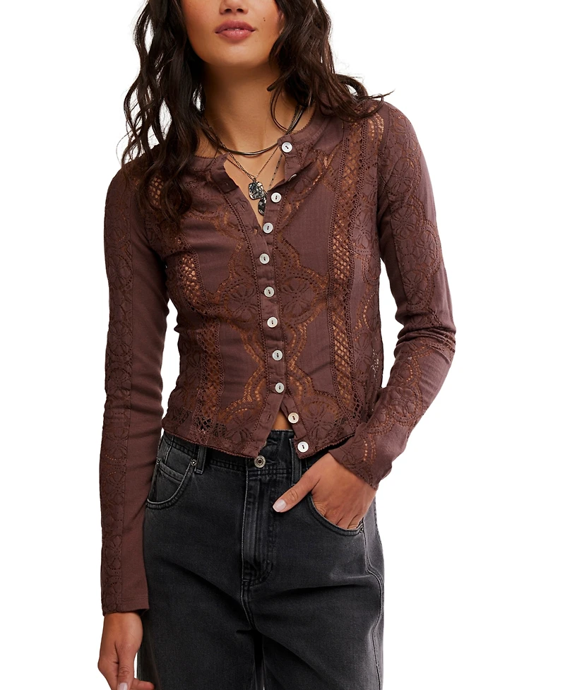 Free People Women's Button-Front Long Sleeve Lace Top