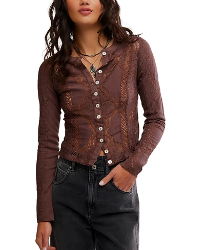 Free People Women's Button-Front Long Sleeve Lace Top