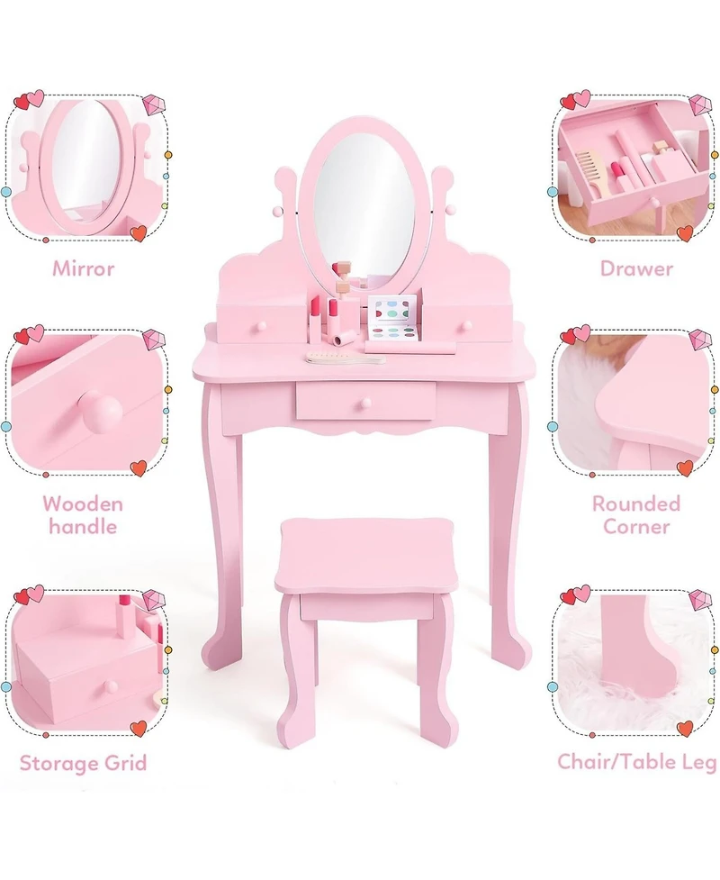 Gaomon Pink Girls Makeup Vanity Set, Fun Pretend Dress-Up Playset with Matching Stool