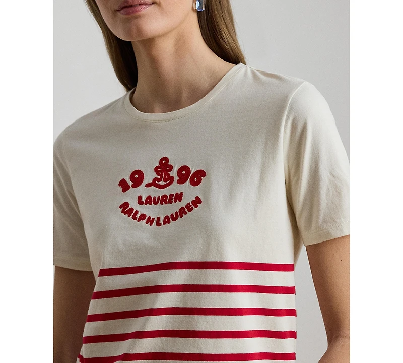 Lauren Ralph Women's Striped Embroidered Logo Crewneck T-Shirt