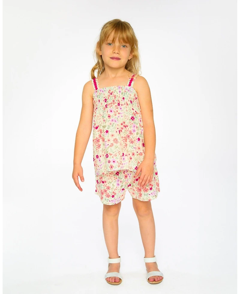 Deux par Deux Big Girls Tank Top with Smocking and Shorts Set in Muslin Off White Printed Flowers