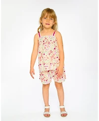 Deux par Deux Big Girls Tank Top with Smocking and Shorts Set in Muslin Off White Printed Flowers