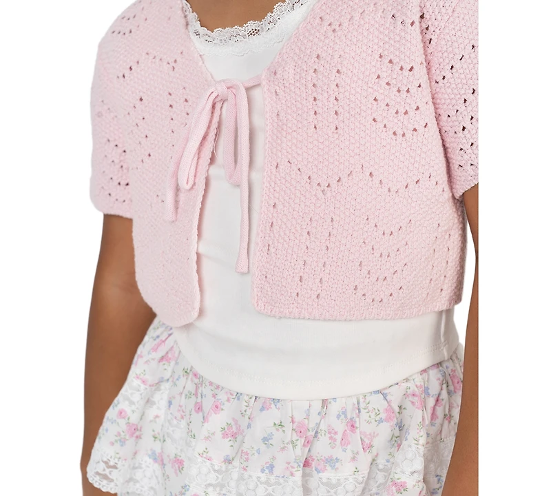 Rare Editions Girls' 2T-6X Crochet Short-Sleeve Cardigan, Cami Top and Skort, 3-Piece Set