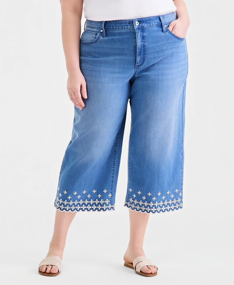 Style & Co Plus Embroidered Scalloped High Rise Wide-Leg Crop Jeans, Macy's Exclusive