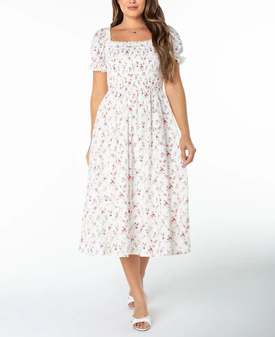 Celebrity Pink Juniors' Textured Floral Printed Puff-Sleeve Midi Dress