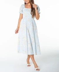 Celebrity Pink Juniors' Textured Floral Printed Puff-Sleeve Midi Dress