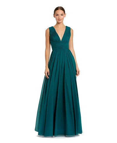 Mac Duggal Women's Sleeveless Ruched V Neck Chiffon Gown