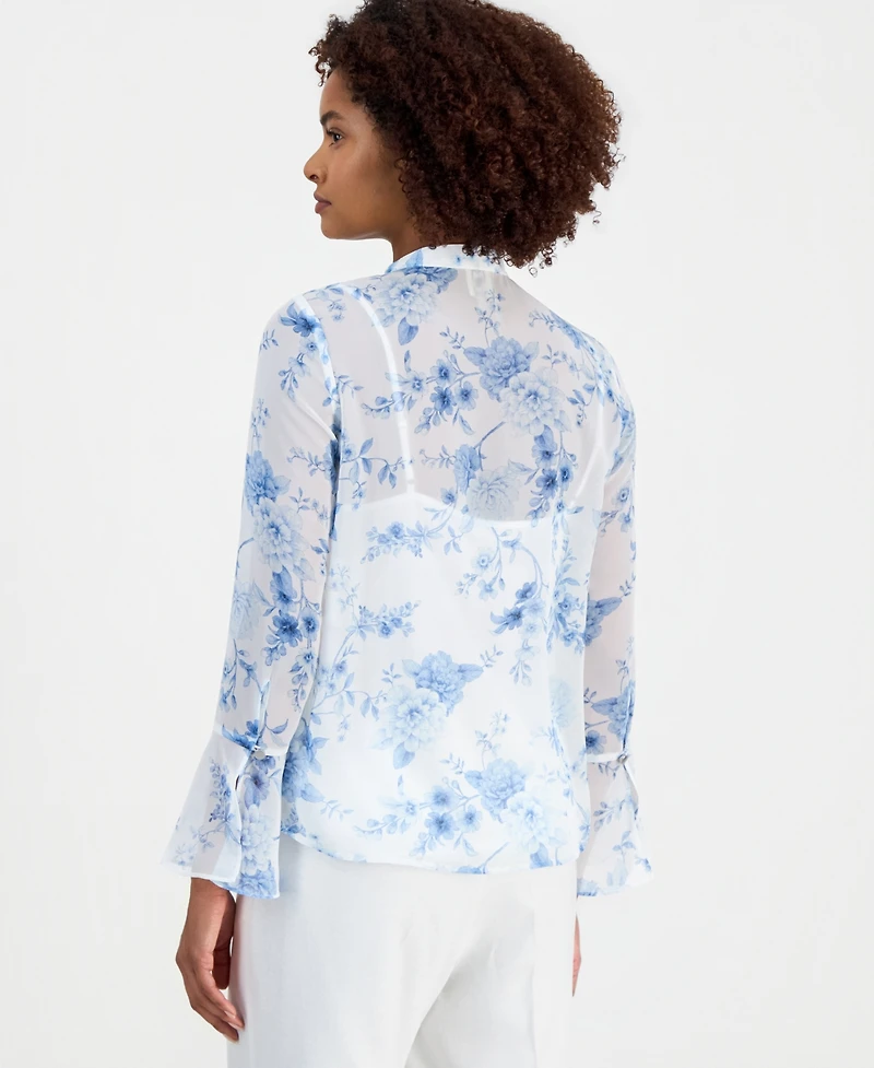 Anne Klein Women's Printed Ruffled Long-Sleeve Blouse