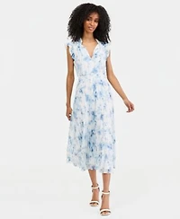 Anne Klein Womens Pleated Flutter Sleeve Midi Dress