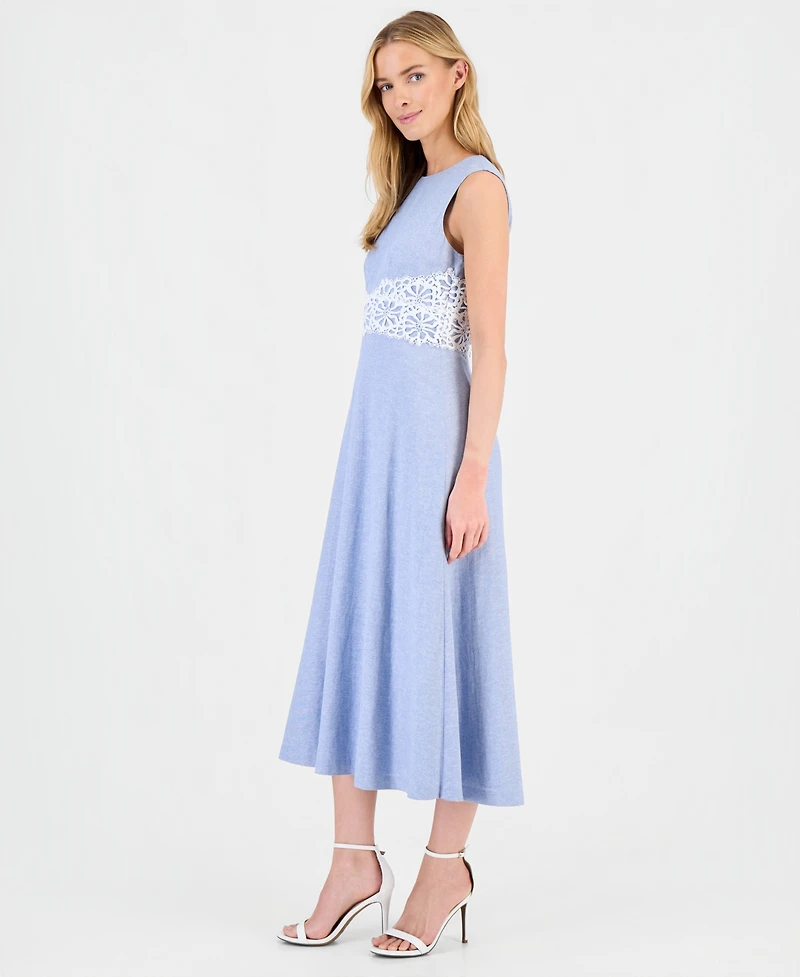 Anne Klein Women's Linen-Blend Lace-Trim A-Line Midi Dress