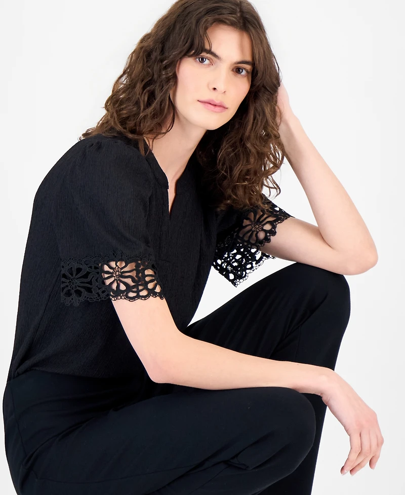 Anne Klein Women's Split-Neck Lace-Trim Top