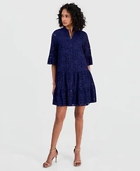 Anne Klein Womens Eyelet Embroidered Cotton Flare Sleeve Shirtdress