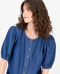 Anne Klein Women's Cotton Gathered Button-Front Denim Blouse