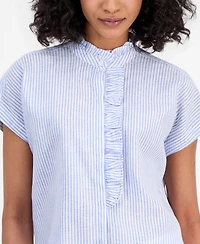Anne Klein Women's Striped Ruffled-Neck Button-Front Blouse