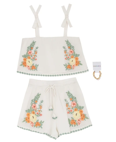 Rare Editions Girls' 7-16 Floral Embroidered Top and Shorts, 2-Piece Set