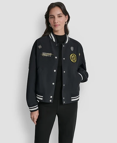 Dkny Women's 1989 Pins & Patches Snap-Front Varsity Jacket