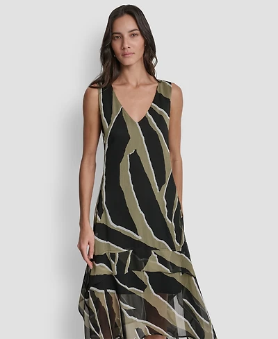 Dkny Women's Sleeveless Layered Crinkle V-Neck Dress