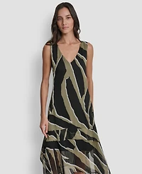 Dkny Women's Sleeveless Layered Crinkle V-Neck Dress