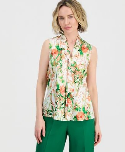 Kasper Womens Floral Print Sleeveless Tie Neck Top