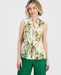 Kasper Womens Floral Print Sleeveless Tie Neck Top