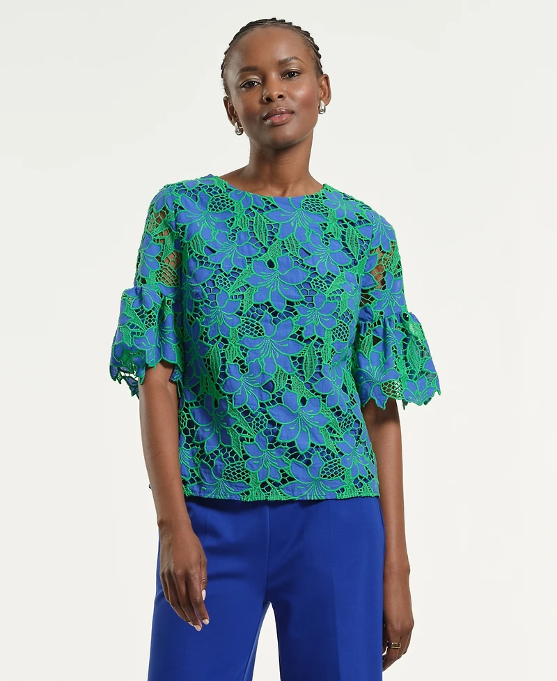 Isaac Mizrahi Women's Boxy Eyelet Crewneck Top