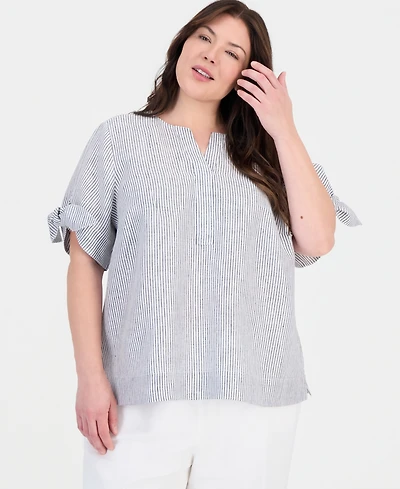 Charter Club Plus Beach Stripe Tie-Sleeve Linen Blouse, Macy's Exclusive