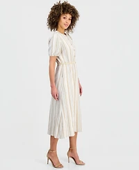 Kasper Women's Striped Puff-Sleeve Midi Shirtdress