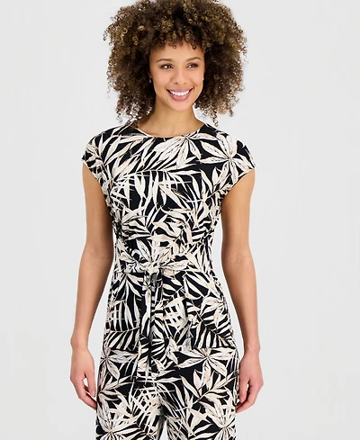 Kasper Women's Printed Cap-Sleeve Tie-Waist Top