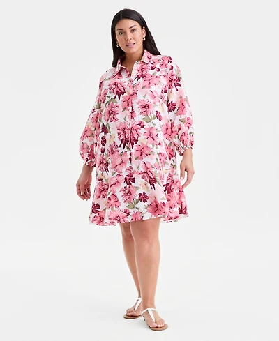 Charter Club Plus Linen Floral-Print Flounce Shirtdress, Macy's Exclusive