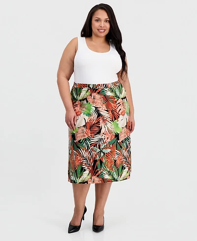 Kasper Plus Printed Pull-On Flare Midi Skirt
