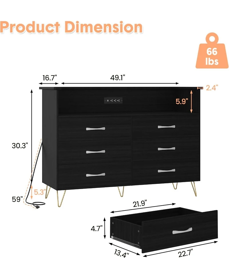 gaomon 6 Drawer Dressers for Bedroom,Dresser with Led Lights Power Outlet,6-Drawer Wooden Chest 2-Tier Open Shelf